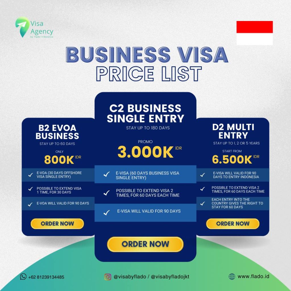 Daftar Harga Visa Bisnis Indonesia – B2 EVOA, C2 Single Entry, D2 Multi Entry. Dapatkan visa bisnis untuk tinggal di Indonesia selama 30, 60, 90, atau 180 hari. Harga mulai IDR 800K. Ajukan sekarang! Hubungi WhatsApp/Telegram: +62 81293134485. Info lebih lanjut: id.flado.id.