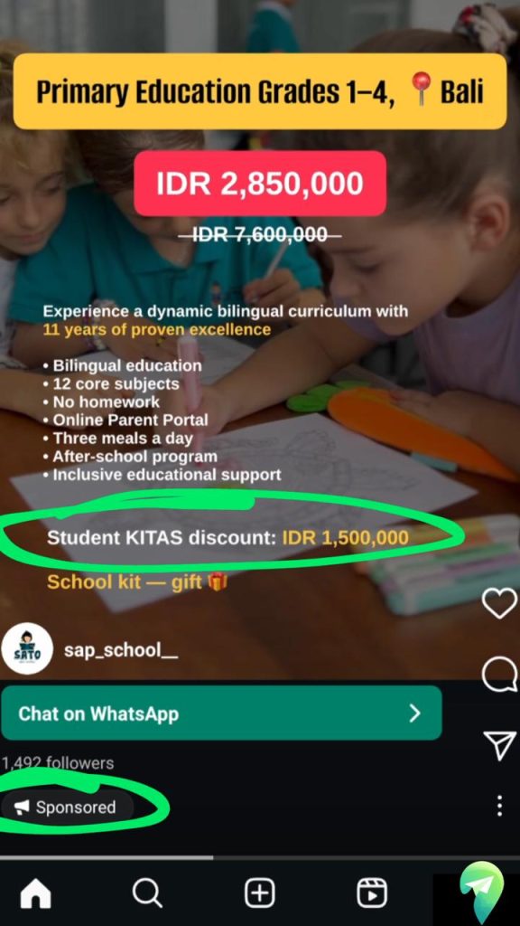 Iklan Instagram Stories dengan penawaran diskon 1.500.000 IDR untuk KITAS anak dari Sato Anak Pintar dan Flado Indonesia.