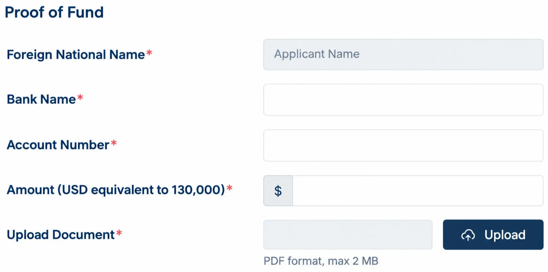 Ilustrasi formulir pelaporan Proof of Funds Visa Second Home E33 secara online dengan nama bank nomor rekening dan persyaratan dana USD 130000