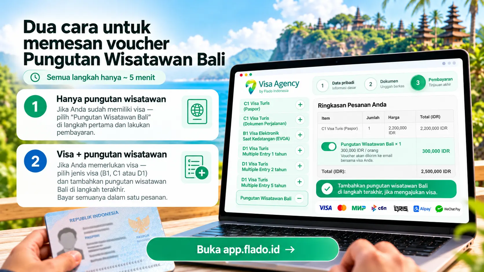 Panduan Pungutan Wisatawan Bali lewat Flado dengan 3 langkah, pilihan voucher saja atau visa B1 C1 D1 bersama levy