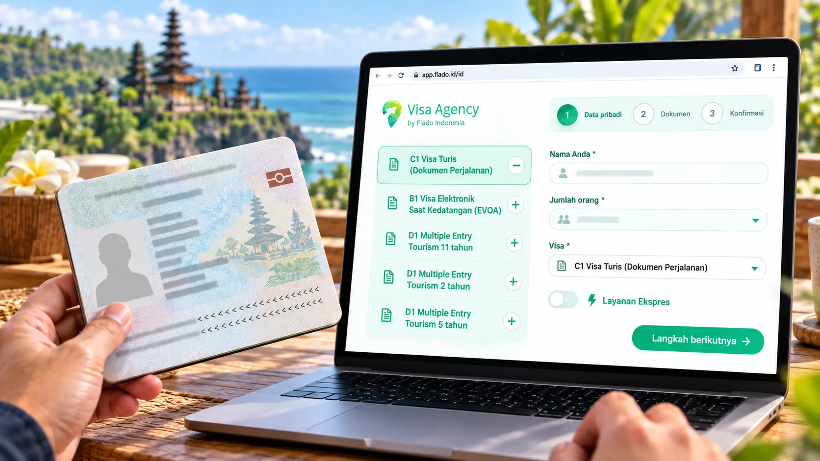 Cara mengajukan Visa Turis C1 Indonesia bagi pemegang Dokumen Perjalanan melalui portal online Flado berbahasa Indonesia, dengan ilustrasi dokumen yang dianonimkan